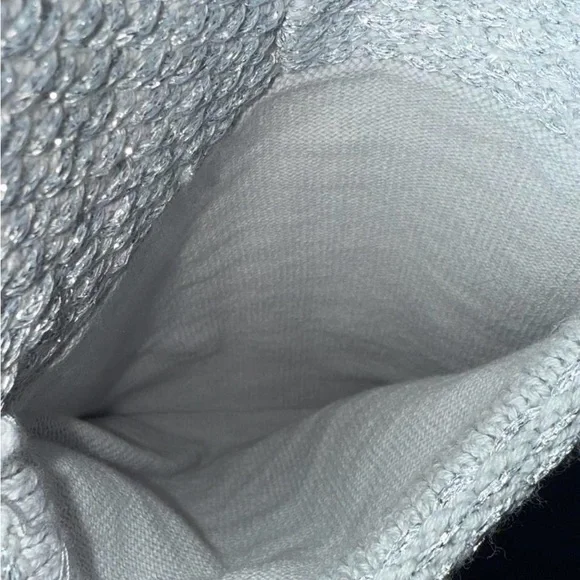 Sparkly Chico’s Metallic Silver Gray Tweed Sweater Blazer Frayed Edging Size 4 - Picture 8 of 9